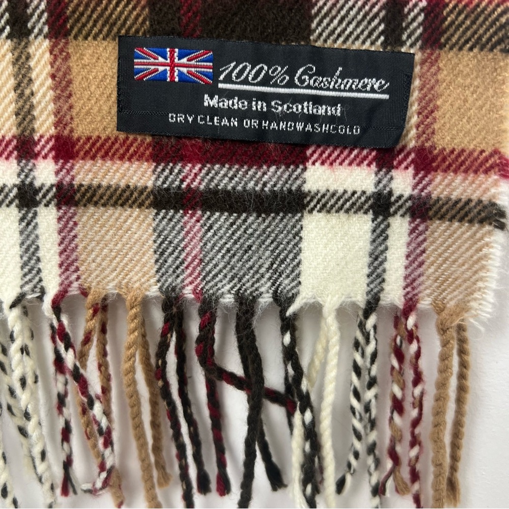 100% Cashmere Tan Red Black Cream Plaid Scarf Made in Scotland 62” x 12”